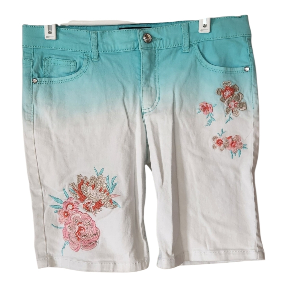 Jordache Big Girl Dip-Dye Embroidered Ombre Bermuda Denim Shorts. Size 16